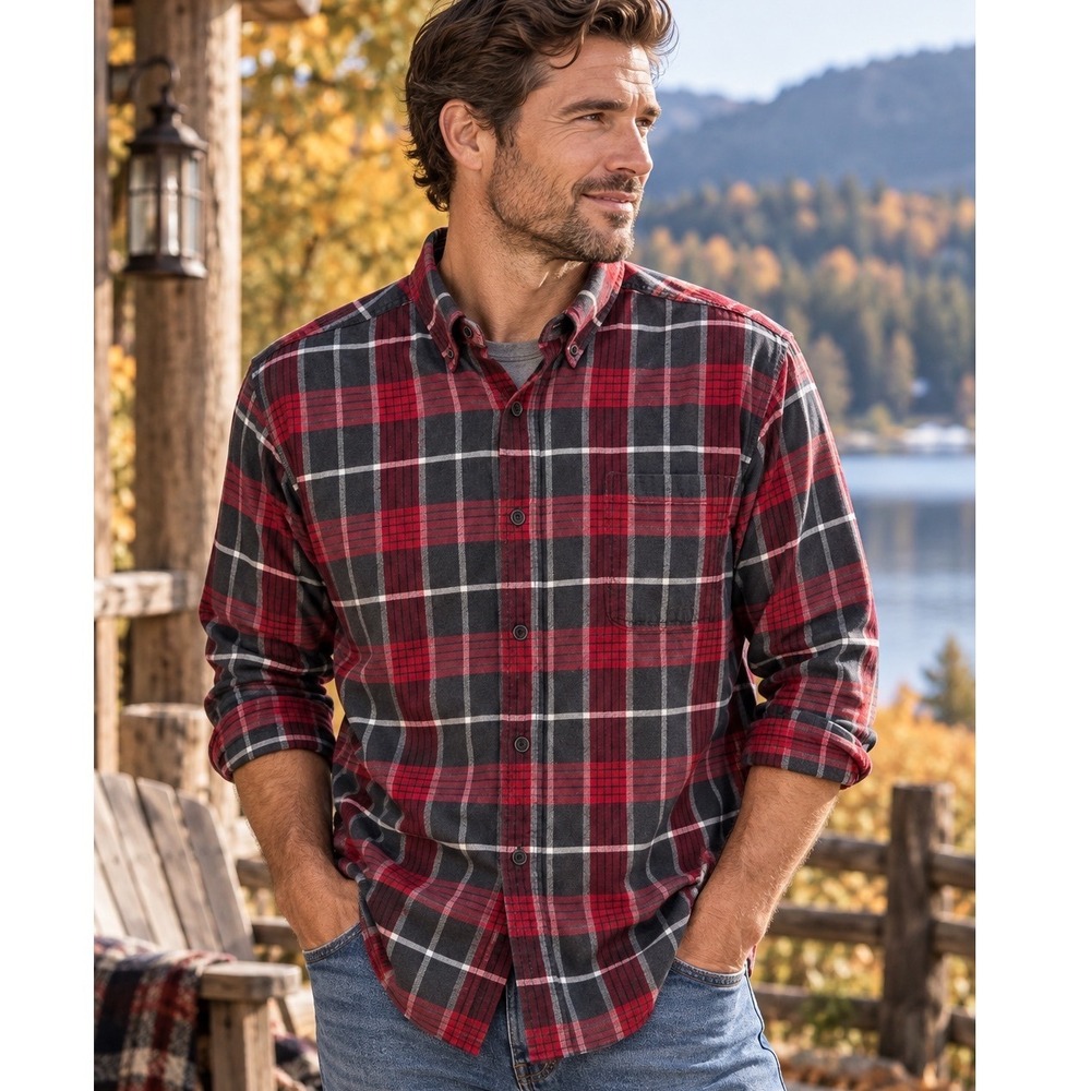 Weatherproof Vintage Mens Red Black Plaid Flannel Button Down Shirt Medium